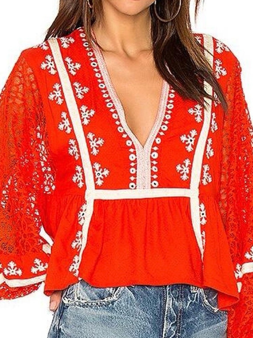 Free People Red “Boogie All Night Top” with White Embroidery